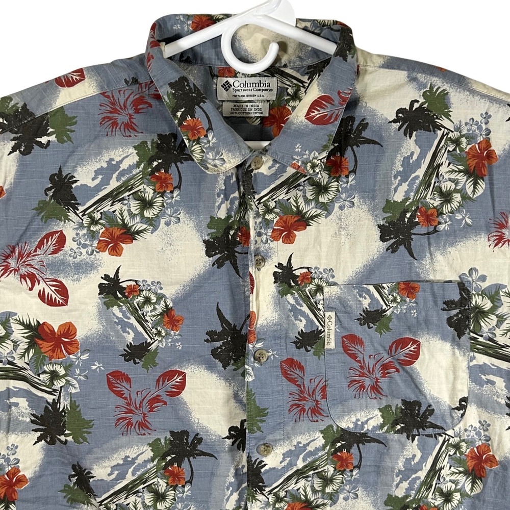 Columbia Sportswear Mens Blue Tropical Palm Hibiscus Cotton Aloha Shirt XL